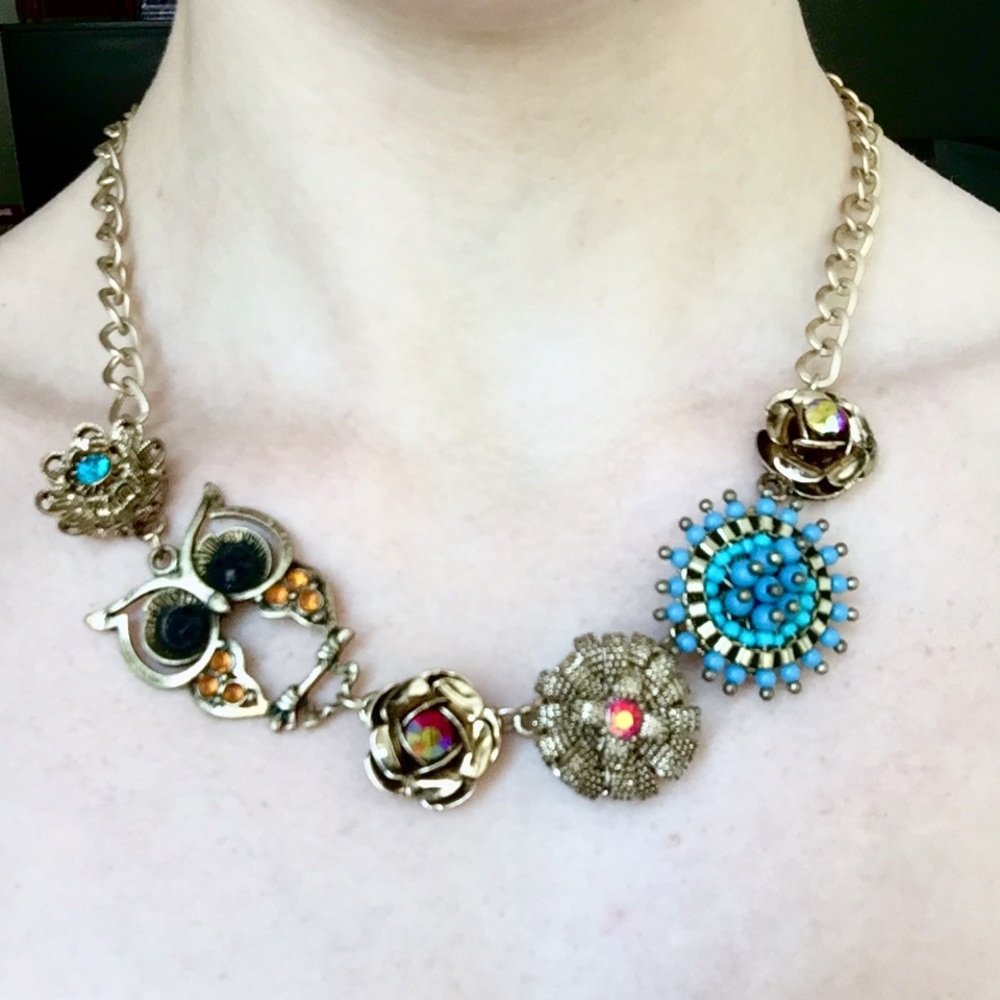 Chunky Gold Statement Necklace Owl Flower Boho Nature Funky Artsy Y2K Kooky Blue